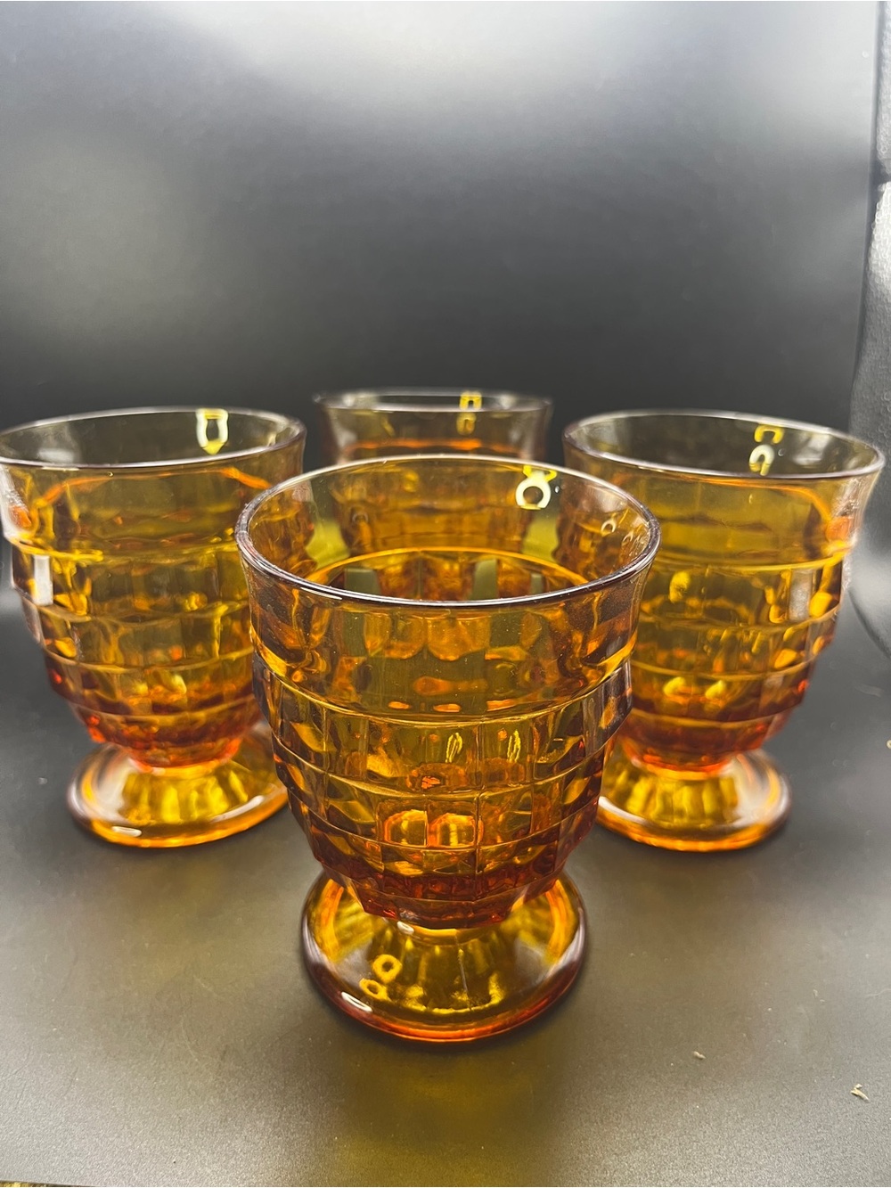 Vintage Indiana Whitehall Cubist Amber Glass Footed Juice Glass 4in